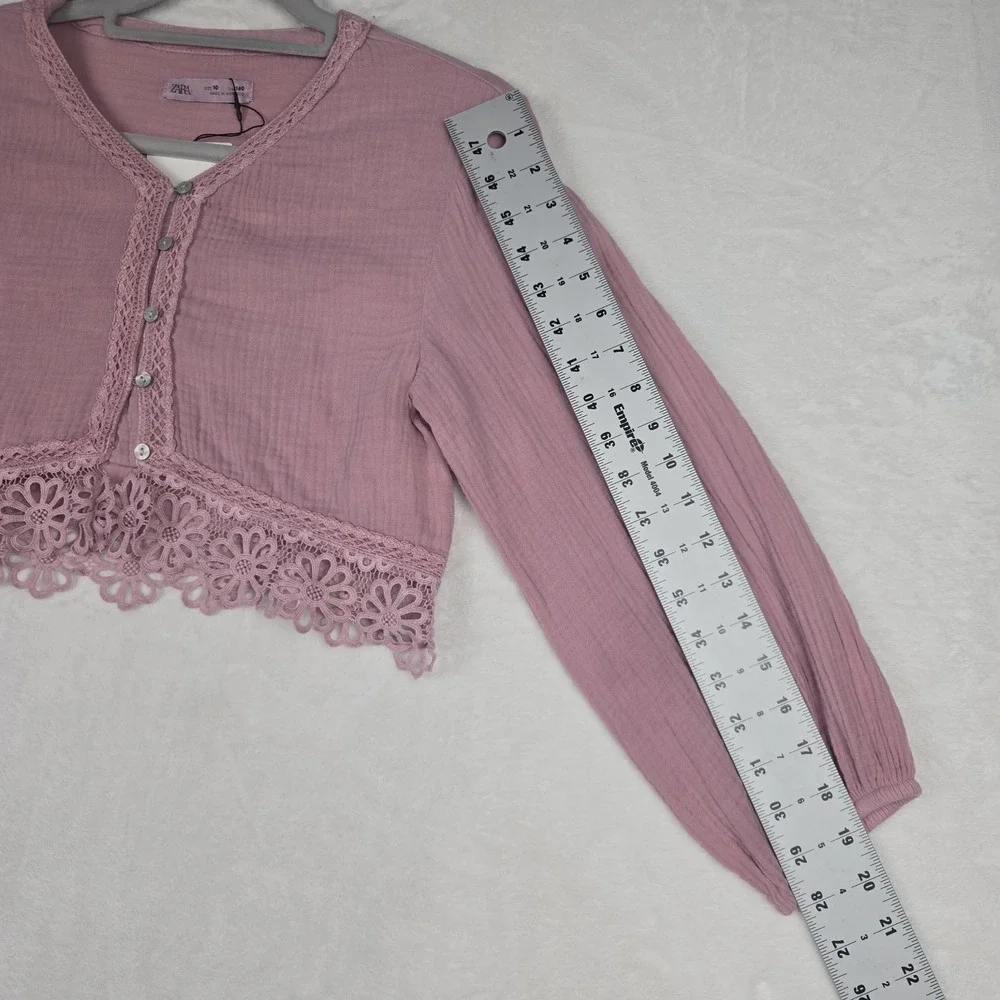 NWT Zara Womens Pink Lace Cropped Blouse Size‎ 10 Long Sleeve Cropped